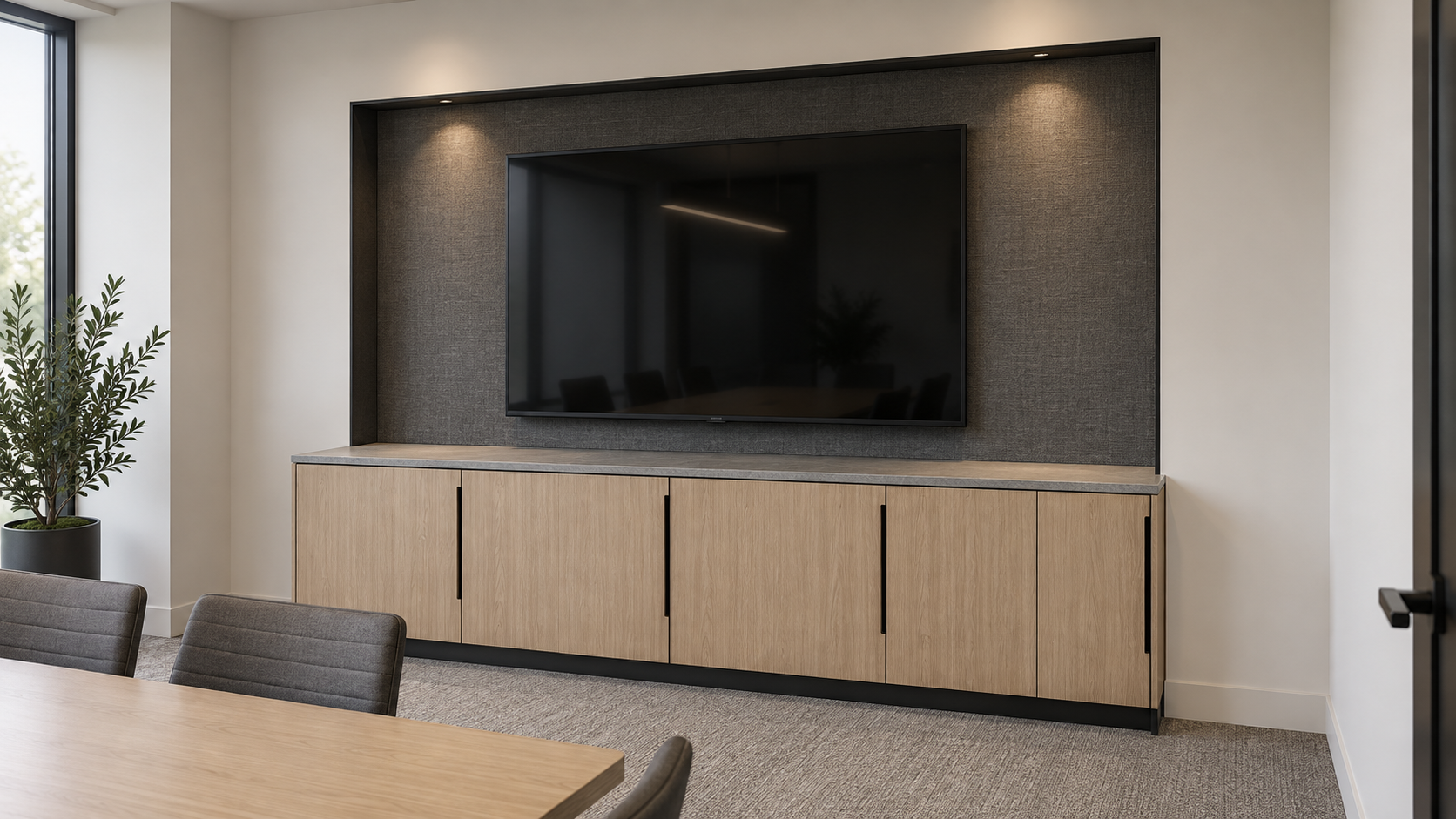 Interior design rendering of custom media wall with light wood cabinetry, dark textured panel and integrated lighting