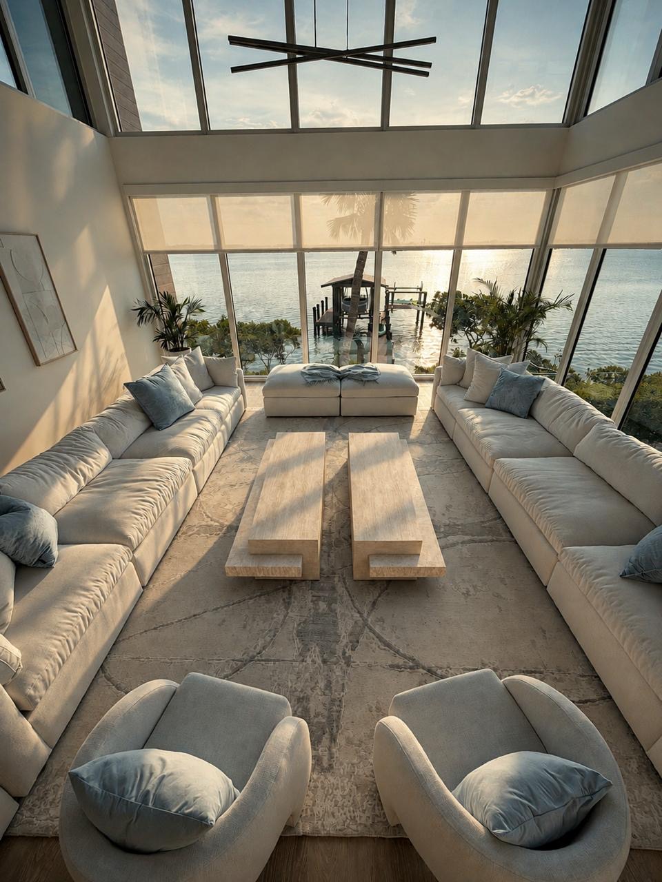 Waterfront living room with high ceilings, large windows and sunset view