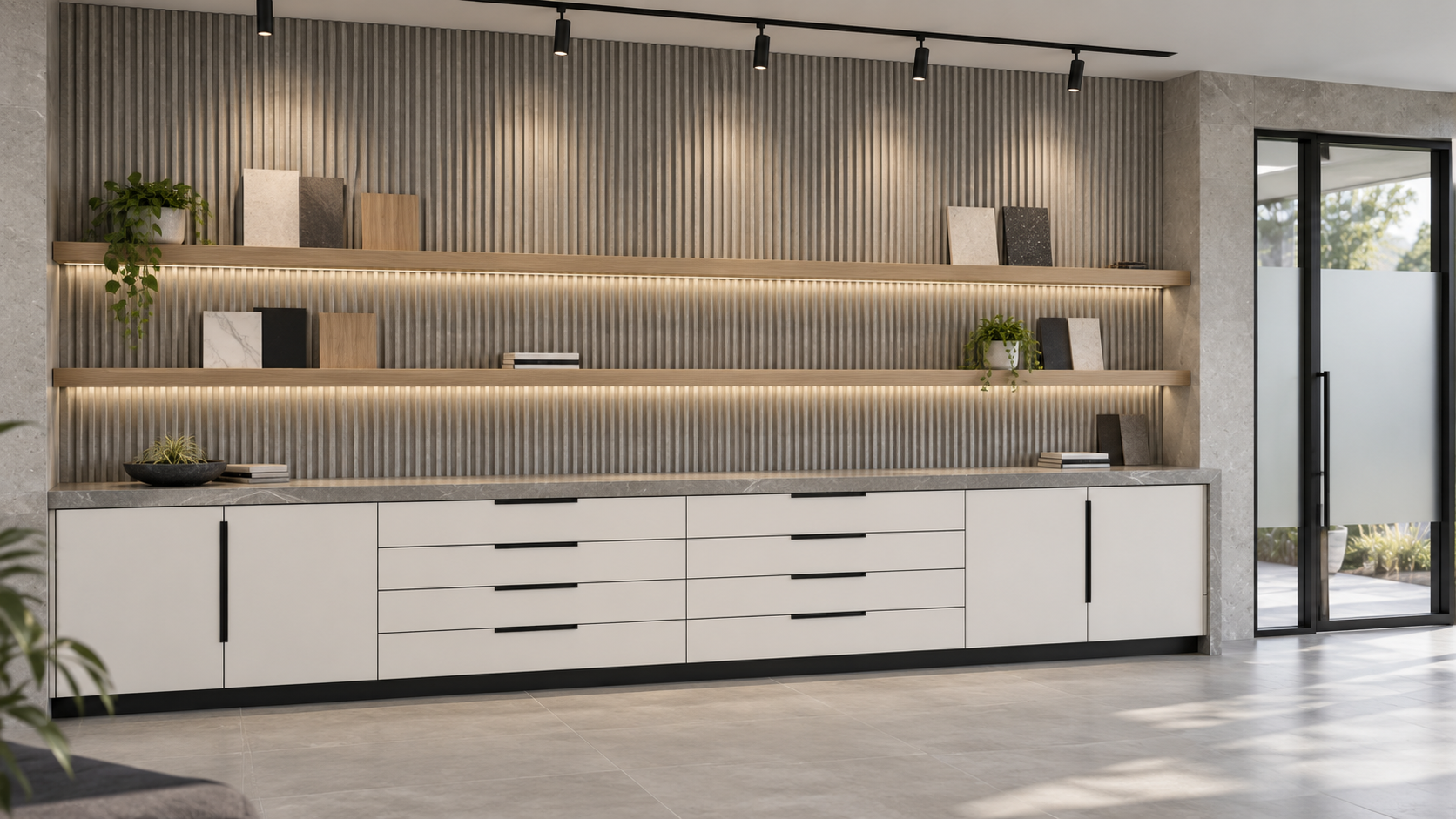 Interior design rendering of custom cabinetry with illuminated floating shelves and vertical slatted wall