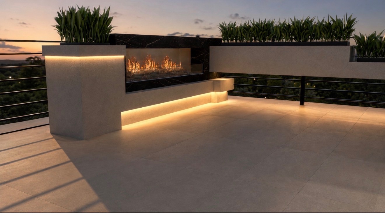 Close-up of modern outdoor fireplace with warm integrated lighting
