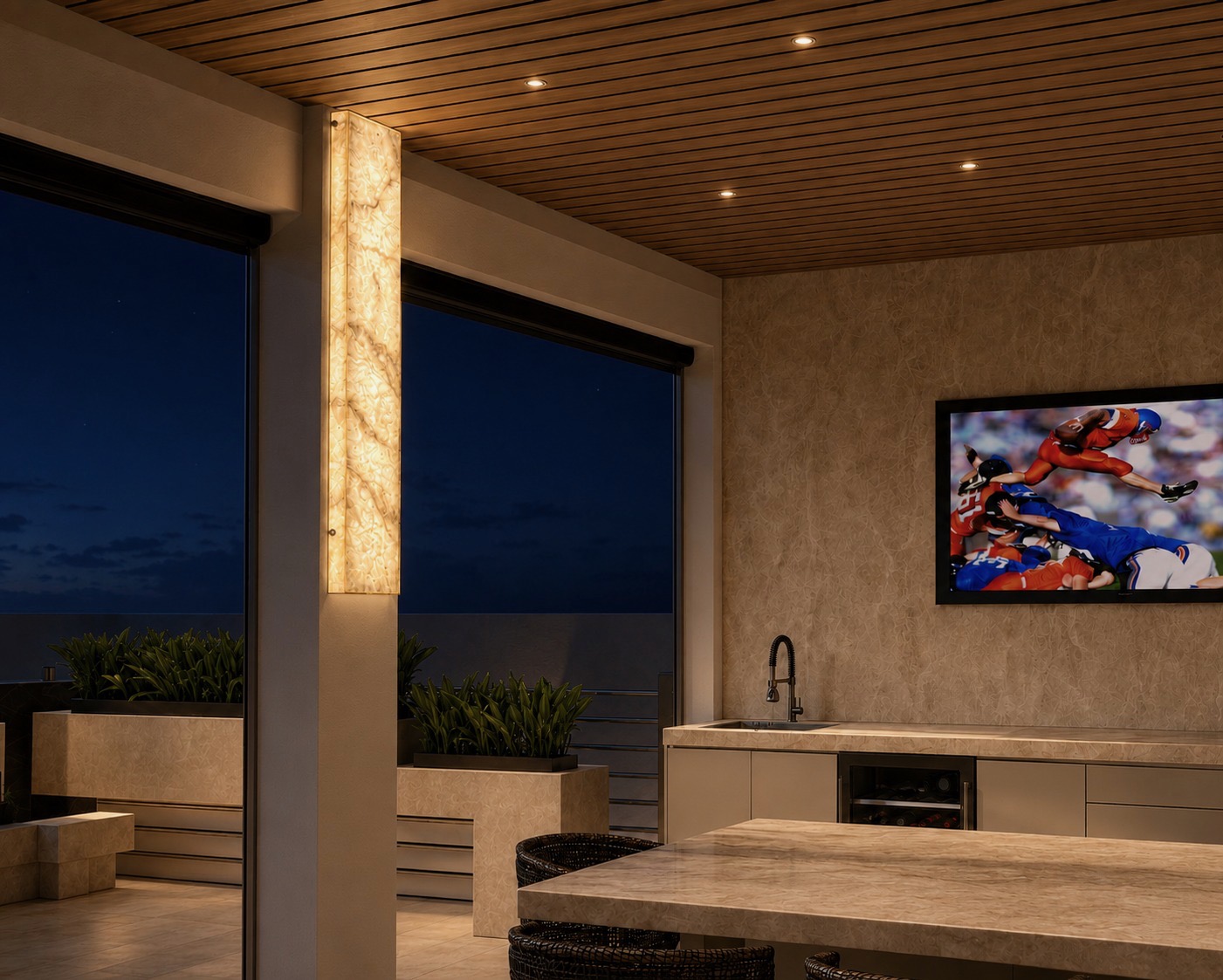 Modern outdoor kitchen at night with warm lighting and wood finishes