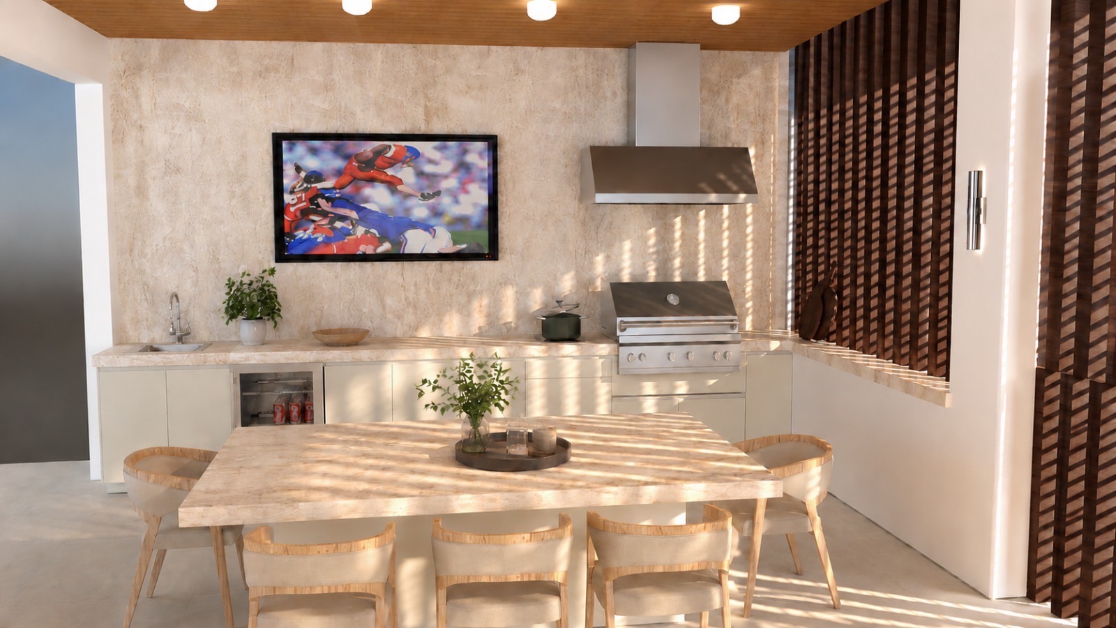 Covered outdoor kitchen and dining area with stone surfaces, wood ceiling, grill and slatted screens